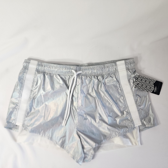 Umbro Pants - Umbro Women's Shine Double Layer  Athletic Short, Silver White Stripes SZ Large
